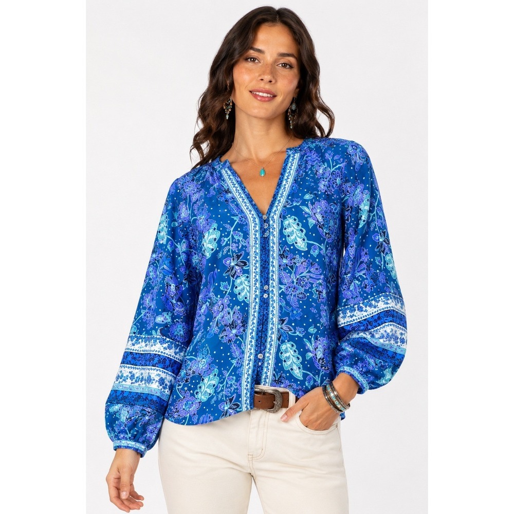 Sundance Top Womens Large Blue Arvilla Floral Paisley Boho Split Neck 3/4 Sleeve